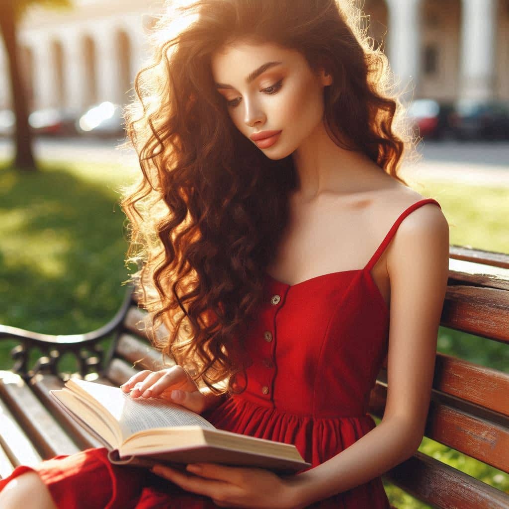 Katerina Goltzwart reading book on the bench and wearing red dress