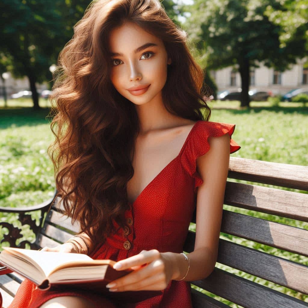 Katerina Goltzwart wearing red gown and sitting on bench