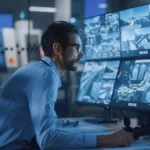 man checking Commercial Security Systems on monitor