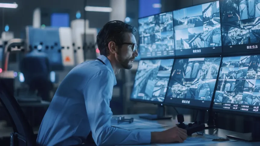 man checking Commercial Security Systems on monitor